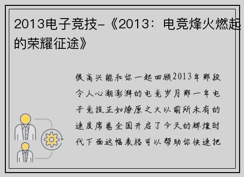 2013电子竞技-《2013：电竞烽火燃起的荣耀征途》
